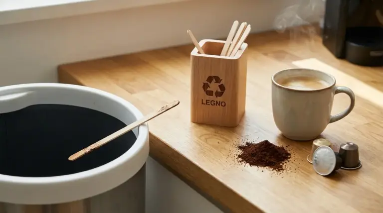 Bastoncino di legno del caffè vicino al bidone e tazza su un piano cucina, simbolo di corretta raccolta