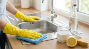 Persona con guanti gialli pulisce il lavello con panno, limone e bicarbonato su un piano cucina