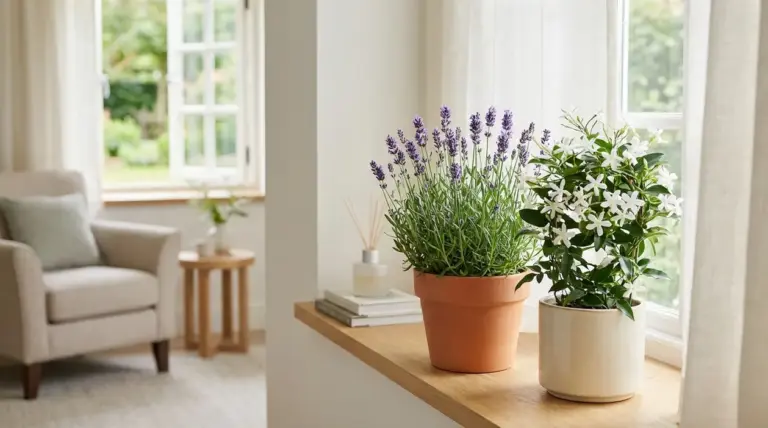 Lavanda e gelsomino in vaso su davanzale luminoso, piante profumate per eliminare odori in casa