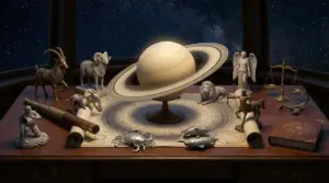 Modello di Saturno circondato da simboli dei segni zodiacali su un tavolo di legno