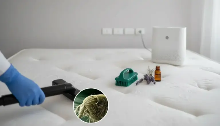 Aspirazione del materasso con spazzola e flaconcino di olio essenziale, per eliminare gli acari dal letto