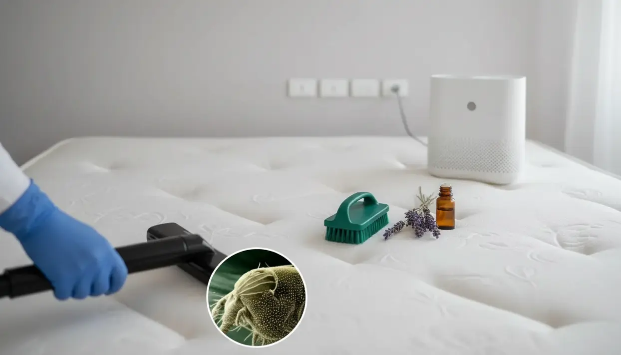 Aspirazione del materasso con spazzola e flaconcino di olio essenziale, per eliminare gli acari dal letto