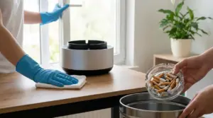 Pulizia della casa con finestra aperta, posacenere svuotato e purificatore d’aria contro l’odore di fumo