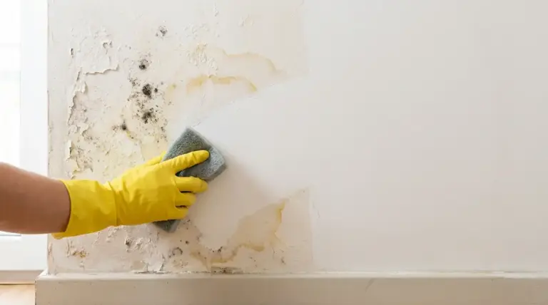 Mano con guanto giallo pulisce muffa e macchie di umidità su una parete interna con una spugna