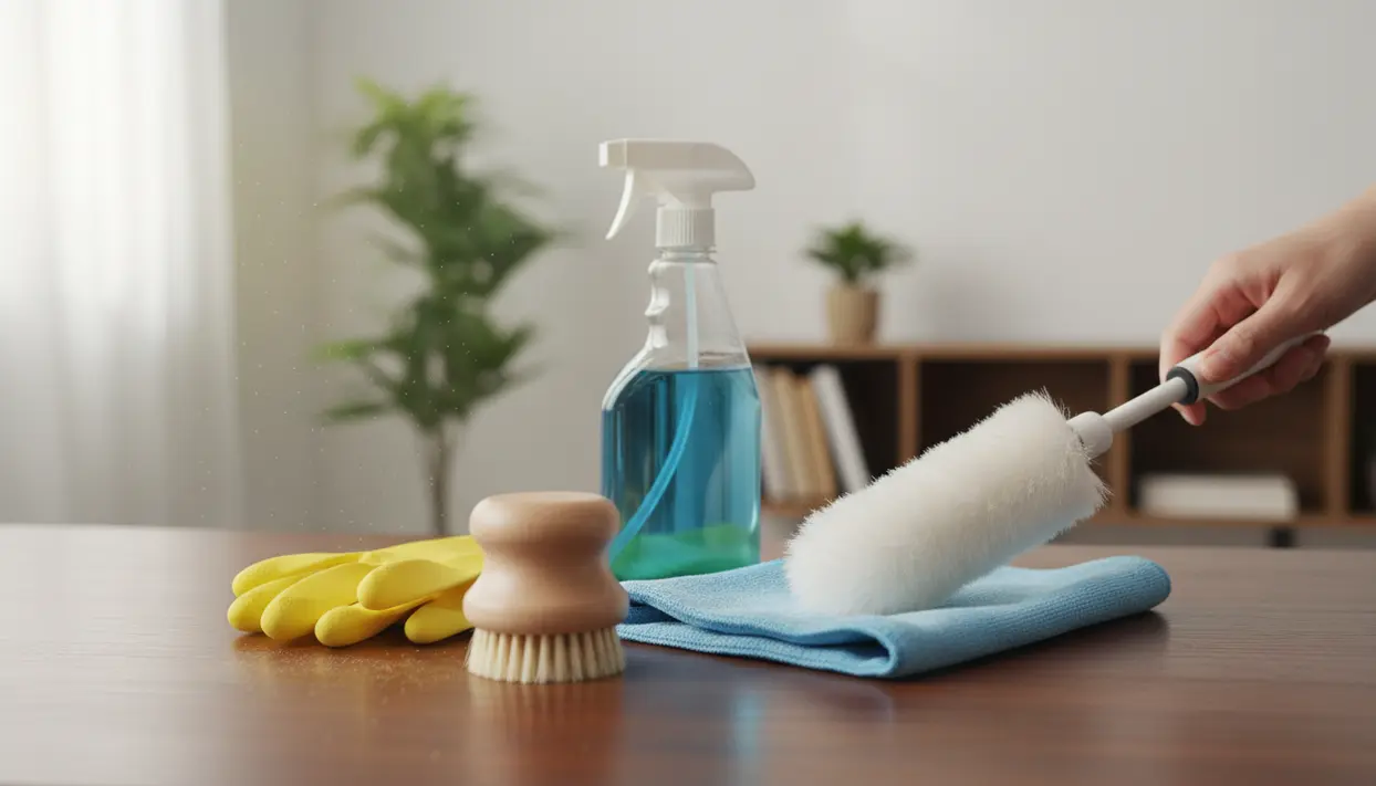 Strumenti per la pulizia della polvere su un tavolo, inclusi guanti, spazzola, panno e spray