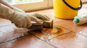 Mani con guanti che strofinano una macchia di ruggine su pavimento in cotto con spazzola e spugna