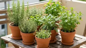 Vasi di erbe aromatiche fresche su un tavolino da balcone