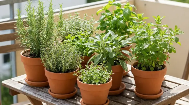 Vasi di erbe aromatiche fresche su un tavolino da balcone