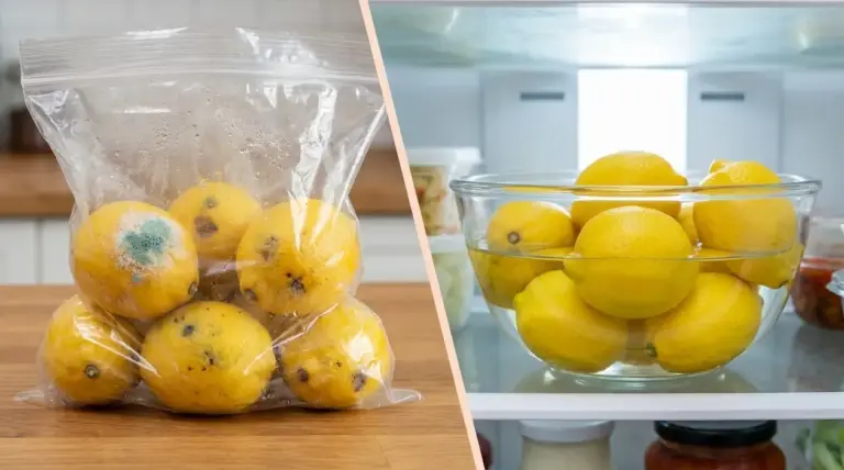 Limoni con muffa in un sacchetto di plastica e limoni freschi conservati in una ciotola d’acqua in frigo