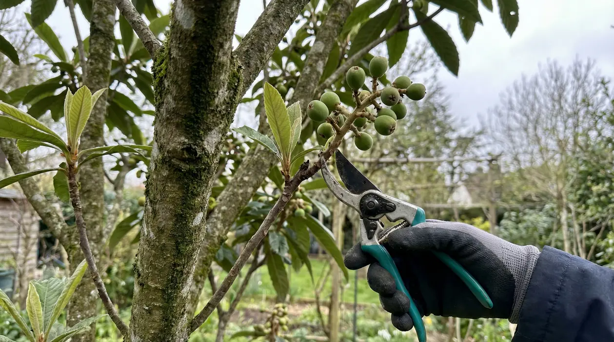 Mano con guanto che pota un ramo di nespolo con frutti acerbi