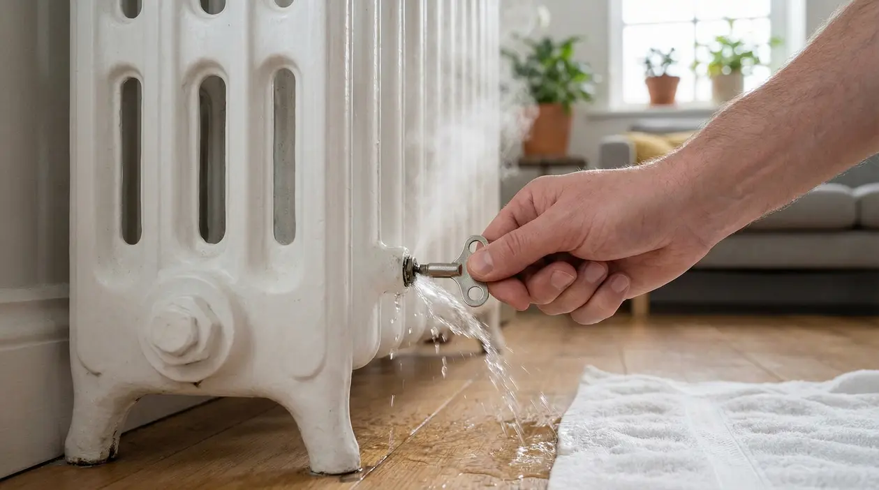 Una mano utilizza una chiave per spurgare un termosifone con fuoriuscita di acqua