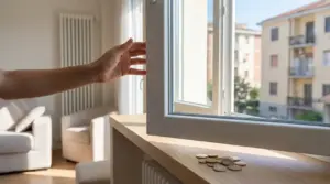 Mano che apre una finestra in casa vicino al termosifone, simbolo di spreco energetico durante il ricambio d’aria