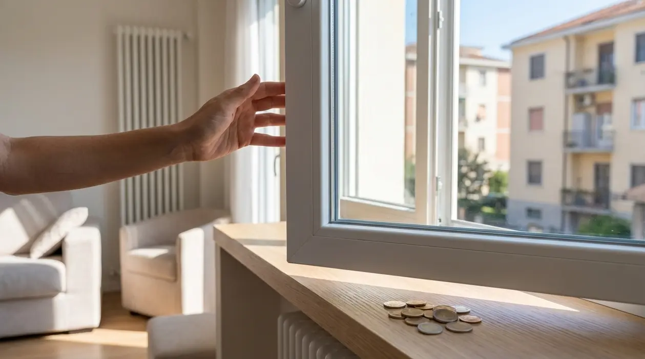 Mano che apre una finestra in casa vicino al termosifone, simbolo di spreco energetico durante il ricambio d’aria