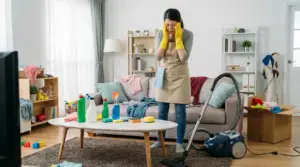 Persona preoccupata in soggiorno disordinato durante le pulizie domestiche, con aspirapolvere e detergenti