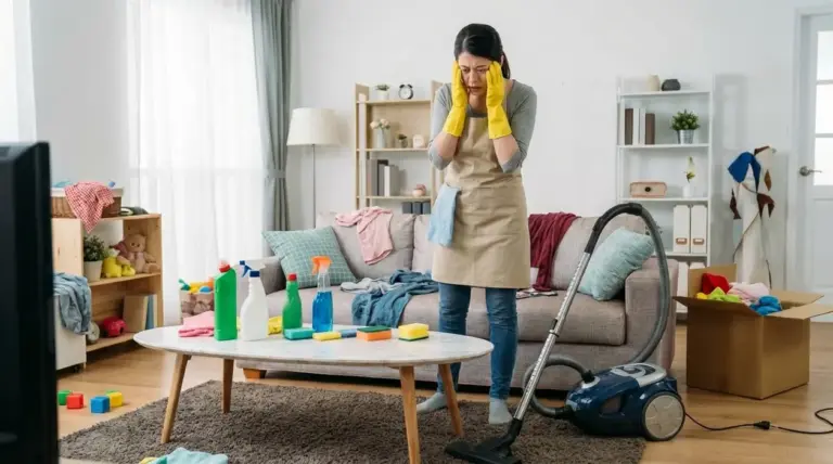 Persona preoccupata in soggiorno disordinato durante le pulizie domestiche, con aspirapolvere e detergenti
