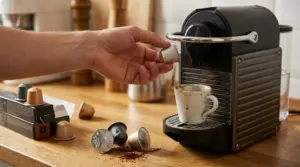 Mano che inserisce una capsula in una macchina da caffè, con tazzina macchiata e capsule usate sul piano cucina