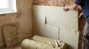 Posa di pannelli isolanti su parete interna in muratura durante lavori di ristrutturazione