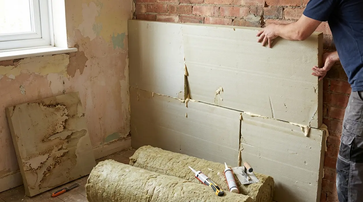 Posa di pannelli isolanti su parete interna in muratura durante lavori di ristrutturazione