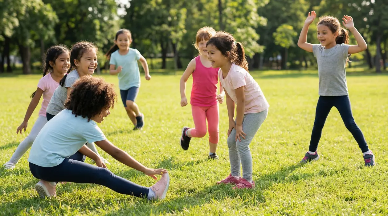 Gruppo di bambini che giocano e si allenano insieme all'aperto su un prato verde