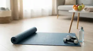 Tappetino da fitness con manubri e borraccia in un ambiente domestico luminoso