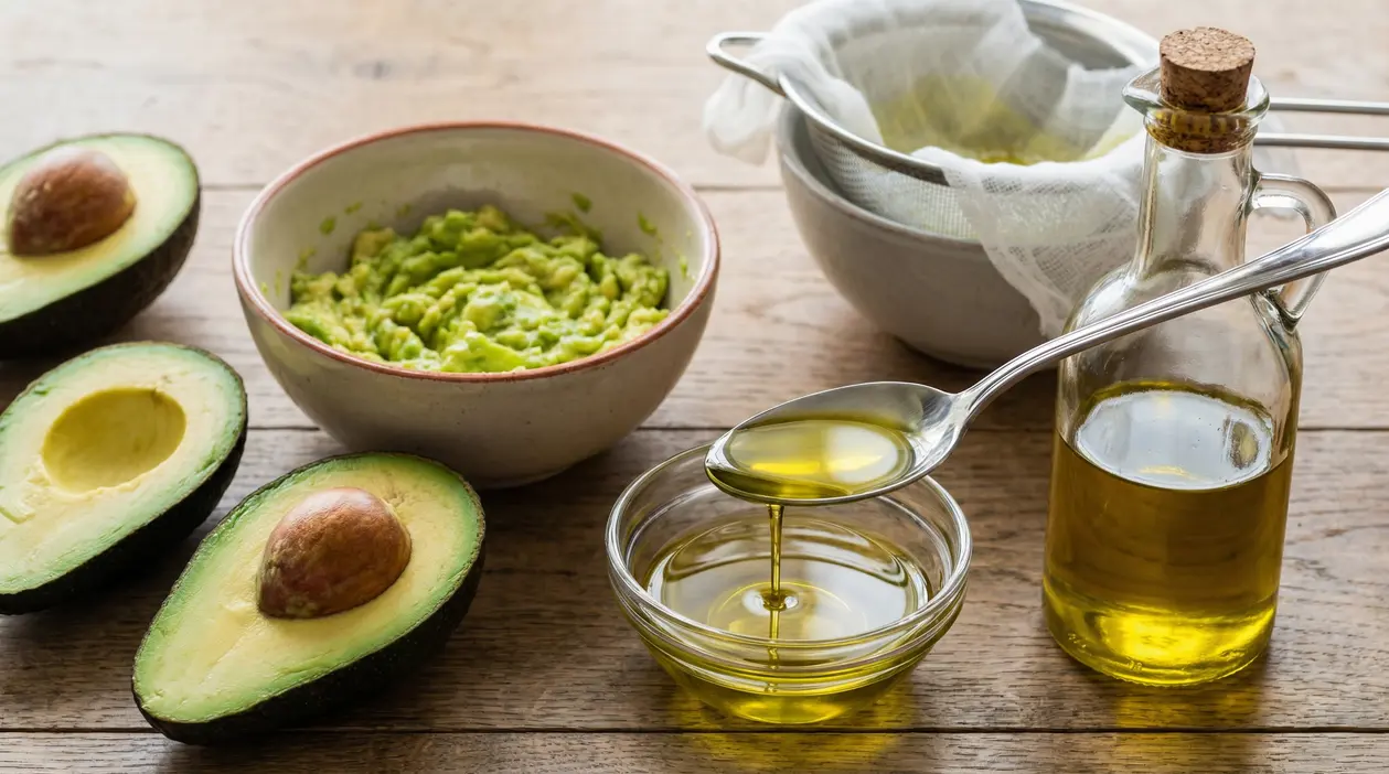 Ingredienti e strumenti per estrarre olio di avocado su un tavolo di legno