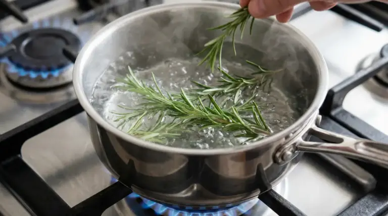 Rametti di rosmarino immersi in una pentola d'acqua bollente su un fornello a gas