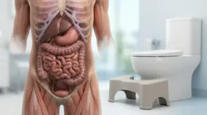 Illustrazione dell'apparato digerente umano con WC e sgabello in bagno