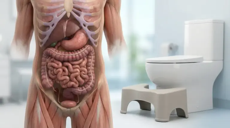 Illustrazione dell'apparato digerente umano con WC e sgabello in bagno