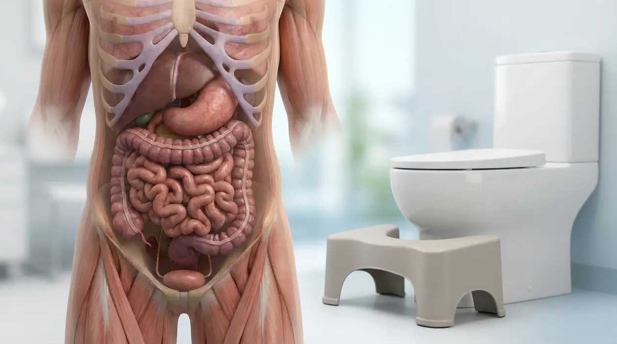 Illustrazione dell'apparato digerente umano con WC e sgabello in bagno