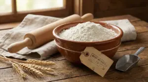 Ciotola di farina con etichetta della data di scadenza su un tavolo di legno