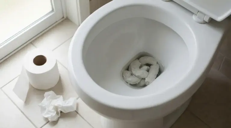 Feci di colore bianco o pallido all'interno di un water in un bagno illuminato da luce naturale