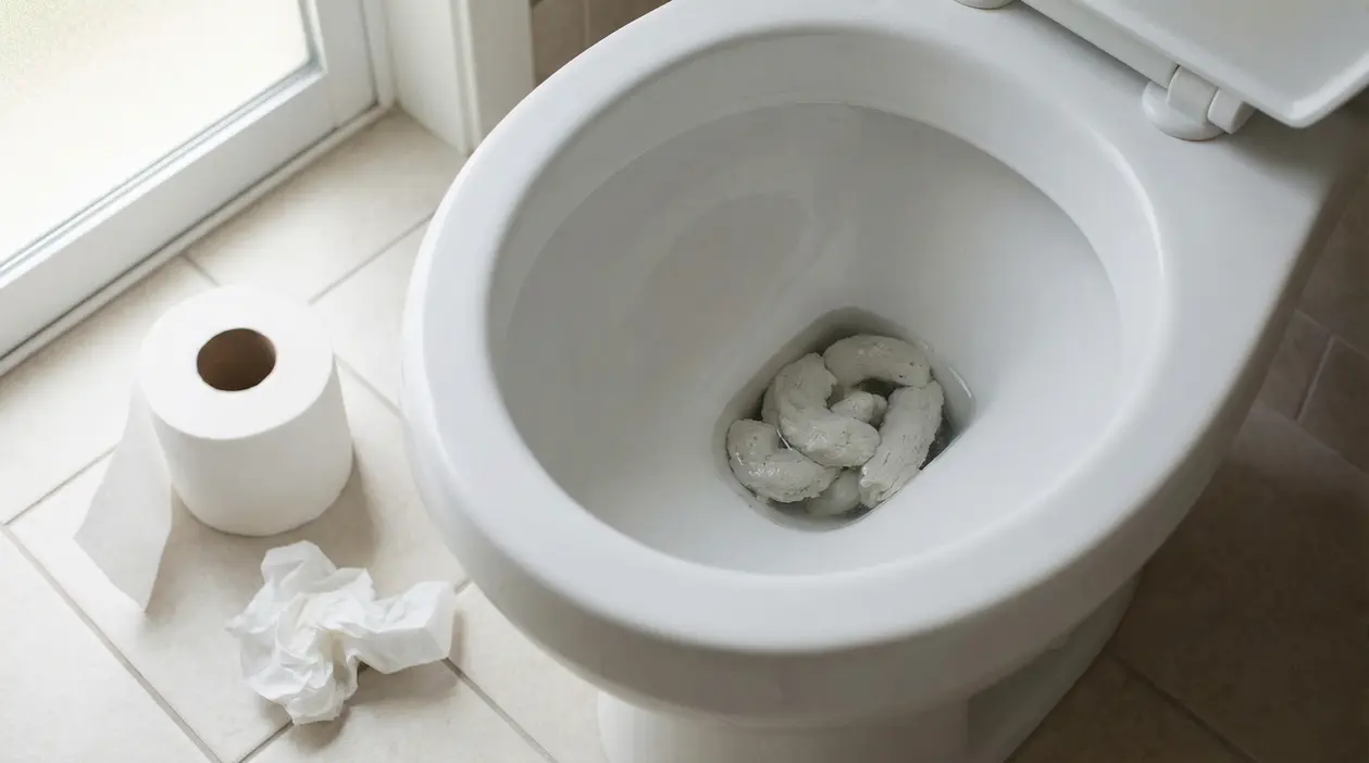 Feci di colore bianco o pallido all'interno di un water in un bagno illuminato da luce naturale