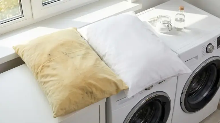 Due federe su una lavatrice, una ingiallita dal sudore e una bianca dopo il lavaggio