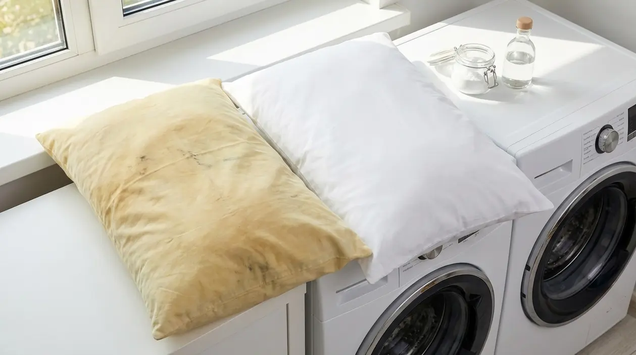 Due federe su una lavatrice, una ingiallita dal sudore e una bianca dopo il lavaggio