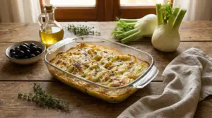 Teglia di finocchi al forno con formaggio fuso su un tavolo rustico