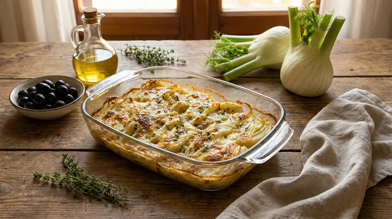 Teglia di finocchi al forno con formaggio fuso su un tavolo rustico