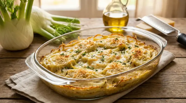 Teglia di finocchi al forno gratinati con formaggio su tavolo rustico