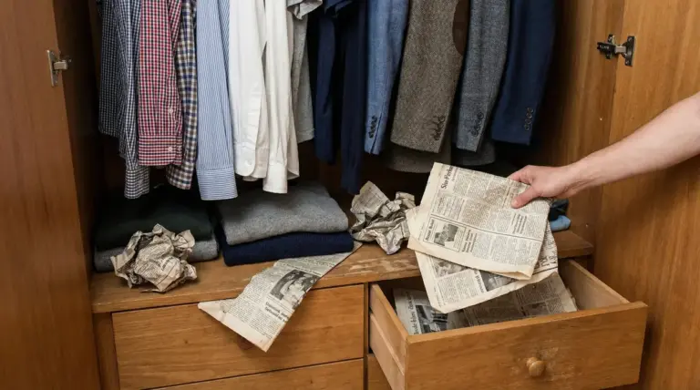 Armadio aperto con camicie e giacche appese, cassetto con fogli di giornale usati per assorbire odori di muffa