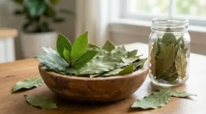 Foglie d'alloro in una ciotola di legno e in un barattolo di vetro su un tavolo vicino alla finestra