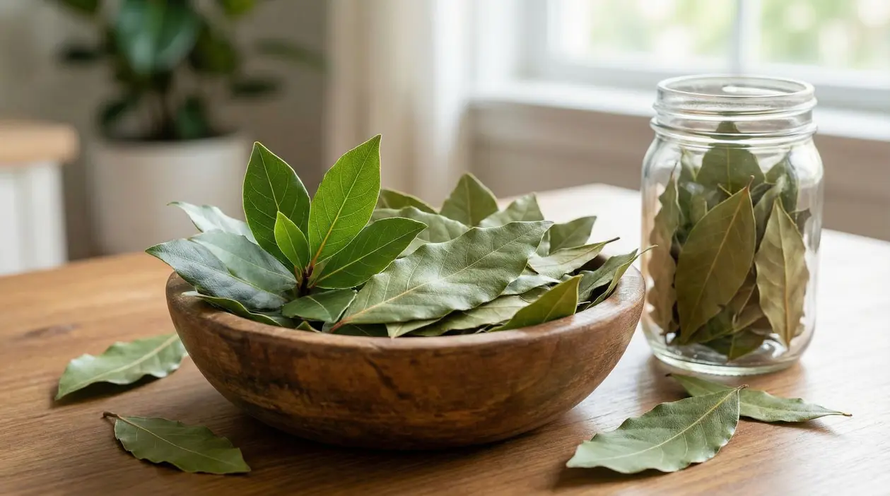 Foglie d'alloro in una ciotola di legno e in un barattolo di vetro su un tavolo vicino alla finestra