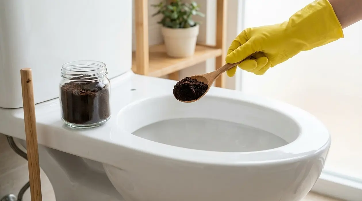 Mano con guanto giallo versa fondi di caffè nel water per pulire e neutralizzare i cattivi odori