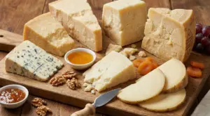 Tagliere con diversi tipi di formaggi stagionati, frutta secca e marmellate.