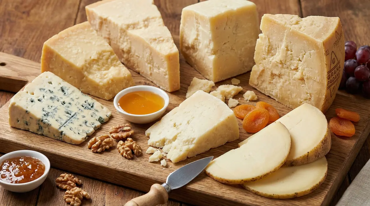 Tagliere con diversi tipi di formaggi stagionati, frutta secca e marmellate.