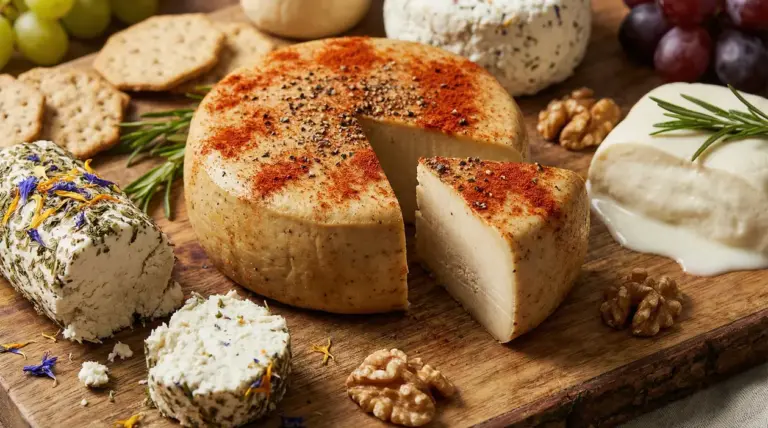 Varietà di formaggi vegani su un tagliere con frutta secca e cracker