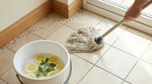 Formiche sul pavimento vicino al battiscopa mentre una persona lava con il mocio e un secchio con limone nell’acqua