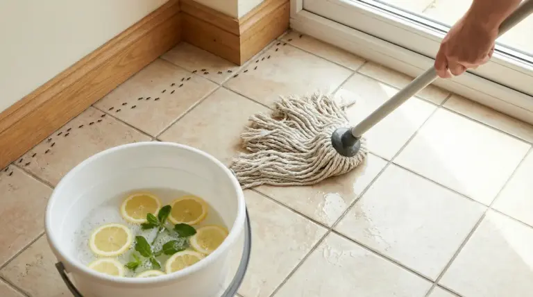 Formiche sul pavimento vicino al battiscopa mentre una persona lava con il mocio e un secchio con limone nell’acqua