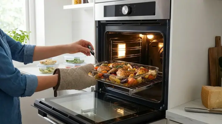 Persona controlla la cottura di un piatto di pollo e verdure nel forno di casa