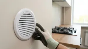 Mano con guanto che regola una griglia di aerazione a parete in cucina, con piano cottura sullo sfondo