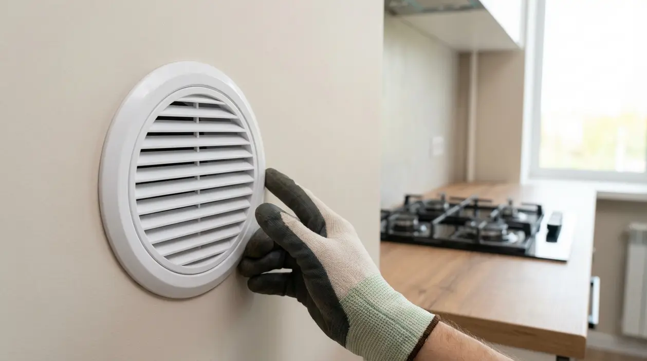 Mano con guanto che regola una griglia di aerazione a parete in cucina, con piano cottura sullo sfondo