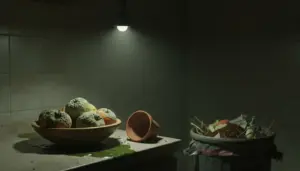 Frutta ammuffita su un tavolo accanto a un cestino pieno di rifiuti organici in cucina, sotto una lampada